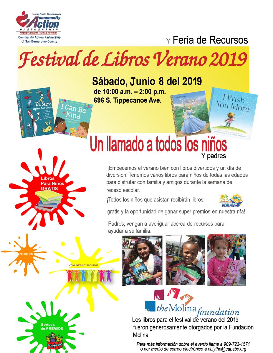 Acompañenos  en el estacionamiento de Community Action Partnership of San Bernardino County y <a href="/MolinaGiving/">Molina Foundation</a> @UnivisionPRTeam 
 Sabado 8 de Junio  2019 de 10:00 AM - 2:00 PM.

 "Summer Book Fest and Resource Fair 2019".

Evento gratuito para todos los niños 

#Univision #noticias