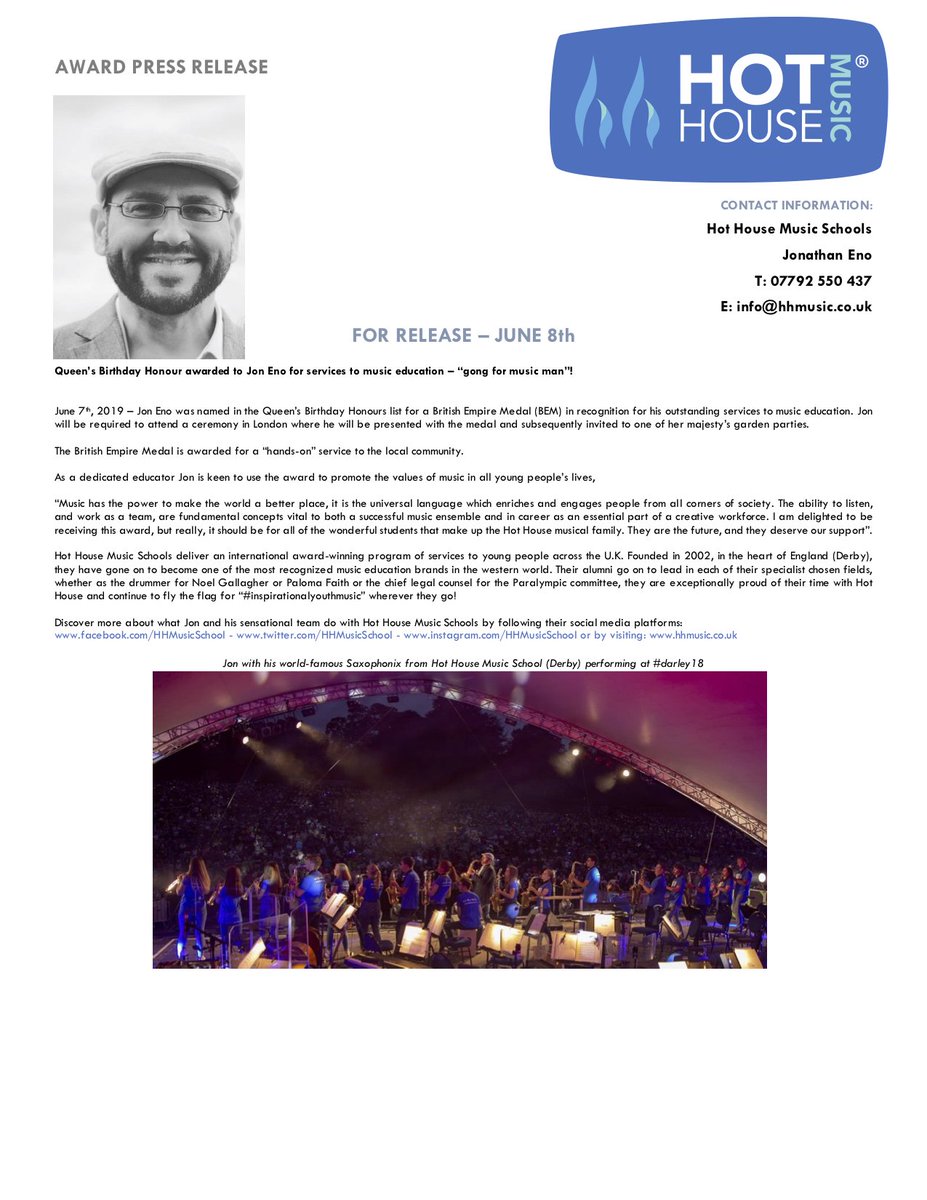 Delighted to announce that I have been nominated for a BEM (British Empire Medal) on this years Birthday Honours list for services to music education! Lucky to work with amazing students, families and staff. Huge #thankyou goes to Jayne &amp; my awesome family and Stu! #BEM #hhmusic