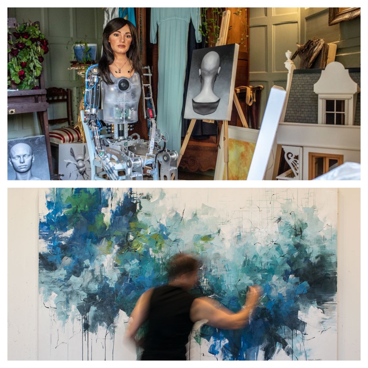 FPcontemporary's tweet photo. Fascinating and chilling news in the art market! An AI powered robot is making artwork…and it is selling big time! Utilizing cameras and algorithms, "Ai-Da” creates drawings that are then painted over by a human. Carlos, a human artist, wraps up his show this Saturday, stop by! https://t.co/riichDDbRo