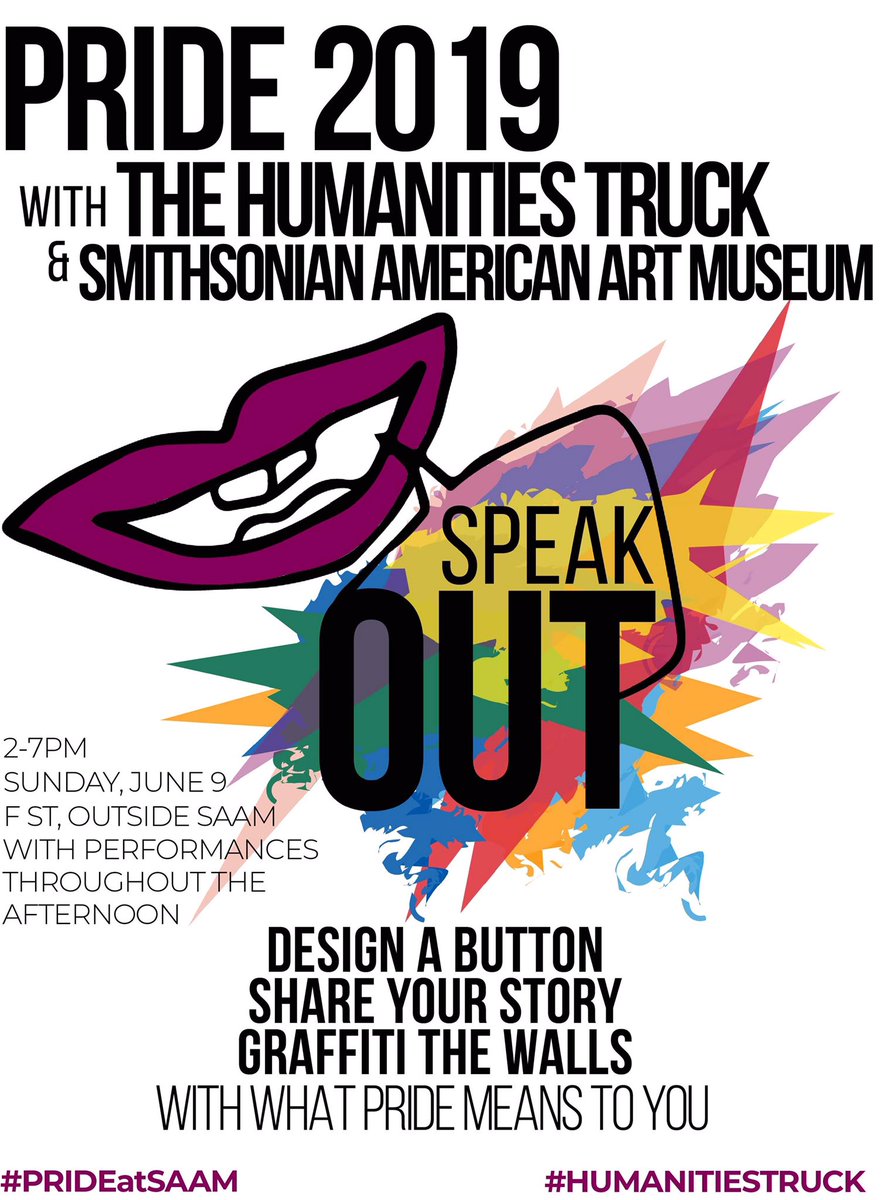 humanitiestruck's tweet photo. Come see us 2-7PM on Sunday at @americanart! We’ll be joined for performances by Pretty Boi Drag, The Salvadoran Trans Folklore Group from the Trans-Latinx DMV Art and Culture Program, and Corazón Folklórico! #HumanitiesTruck #PRIDEatSAAM #shhhOUT #PastPresentProud #DCPride2019 https://t.co/9fOvrvKHBv