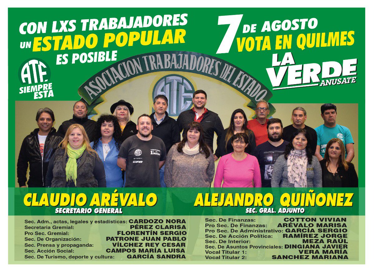 AnusateokQ's tweet photo. #LaVerdeArrasa
#Elecciones7deAgosto 

Esta es la lista de las trabajadoras y trabajadores. 🥁
Ni de los Gobiernos! 
Ni de los Patrones!✊🏼
@oscardeisasi @CachorroGodoy @rodoaguiar 
@PrensaGarzonA 
@Cesargarzon80 
@ElTermometro_ @perspectivasur https://t.co/3vvKnmU9vN