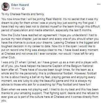 DeadlineDayLive's tweet photo. Eden Hazard’s goodbye statement to the Chelsea fans after joining Real Madrid. (Source: @hazardeden10) https://t.co/xUFpOu8juF
