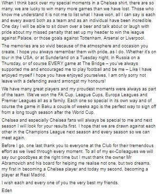 DeadlineDayLive's tweet photo. Eden Hazard’s goodbye statement to the Chelsea fans after joining Real Madrid. (Source: @hazardeden10) https://t.co/xUFpOu8juF