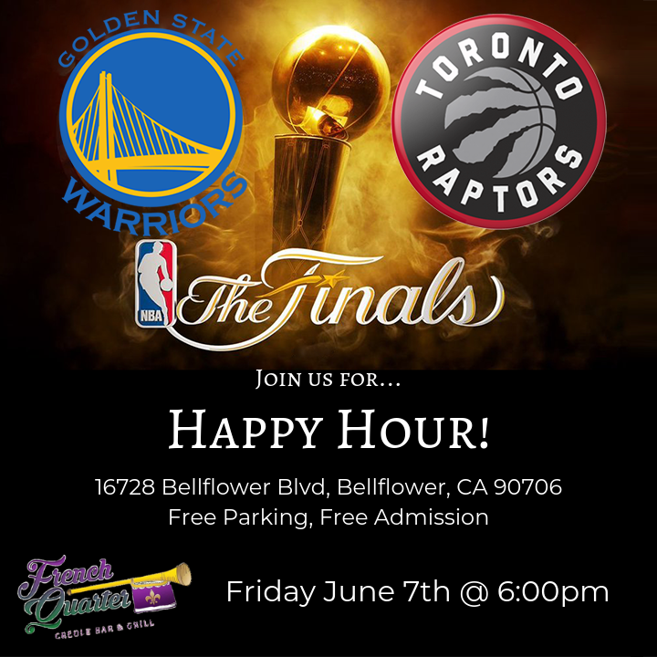 FrenchQuarterCA's tweet photo. A pivotal game 4 as the NBA Finals between the Warriors and the Raptors continue tonight! Catch it with us at French Quarter during happy hour. Free parking and admission all night! #nba #nbafinals #nightlife #frenchquarterbarandgrill #happyhour #restaurant #raptors #warriors https://t.co/MFwJwFPdit