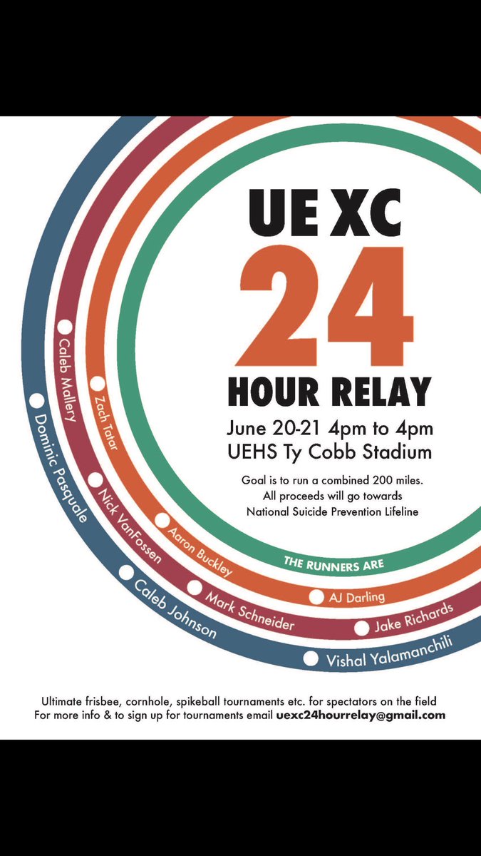Come out and support a great cause on June 20-21 for the UE cross country 24 hour relay!! Starts at 4pm. You can sign up for games that will be played on the turf through the email listed below. Turf lights will be on all night ... gonna be a blast.