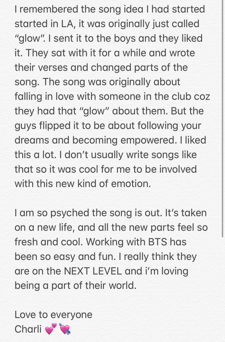charli_xcx's tweet photo. thank you to @BTS_twt, thank you to the angels 👼 thank you to the #ARMY. here’s some info on how Dream Glow came about... ✨ https://t.co/3MsFJjK1f5