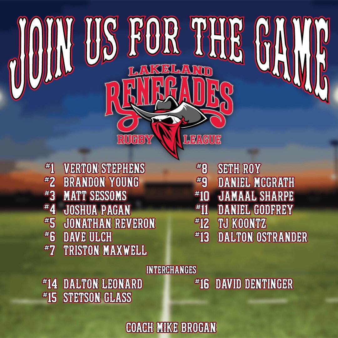 LakelandRL's tweet photo. Agreed the line up for tomorrow’s game against the Jacksonville Axemen - looking forward to taking on the defending champs and a great game!  #LakelandRenegades  #usarl  #rugbyleague https://t.co/V9iaJ8nZWK