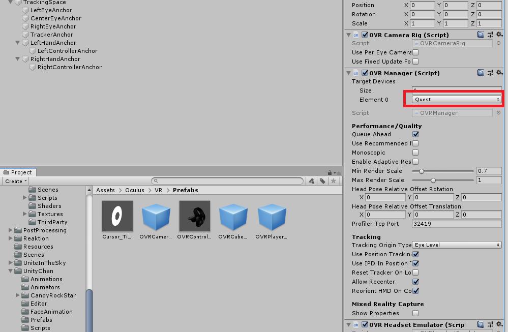 xbar_usui's tweet image. #oculusquestdev
Unity の Oculus Integration を最近入れてプロジェクト作ることが多くなっているが、手順前後して、ハマった。
赤枠で囲ったQuest開発で必ず設定するOVRManagerのQuestって設定は初期表示されていない。まず最初にBuild Setting開いてAndroid-&amp;gt;VR設定したら表示されるので気を付ける