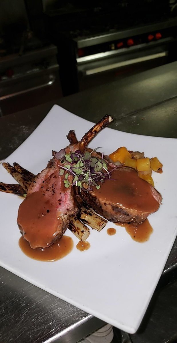 ThoroughbredsMB's tweet photo. Two wild boar chops served with sunset squash, white asparagus, and fingerling potatoes.  Finished with a Cabernet Demi-glacé. Available this weekend at Thoroughbreds Chophouse! https://t.co/9BK2cEQGob