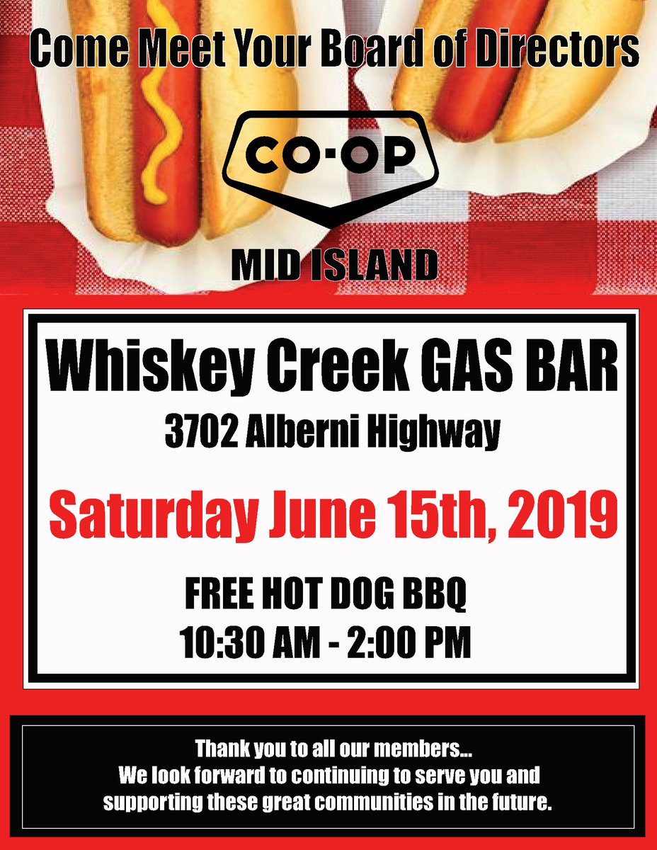 FREE Hot Dog BBQ at Mid Island Co-op Whiskey Creek Gas Bar!

Saturday June 15th 10:30am-2pm

Pop by for a free hotdog and say hello and meet your Mid Island Co-op's Board of Directors!