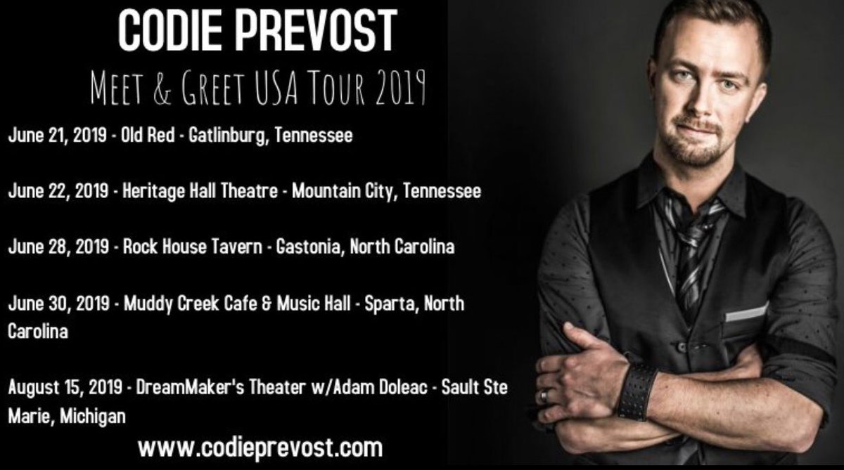 codieprevost's tweet photo. #PleaseRetweet Looking forward to my 1st official #USA meet &amp; greet acoustic concert tour! #OldRed #Gatlinburg #HeritageHallTheatre #MountainCity #Tennessee #RockHouseTavern #Gastonia #MuddyCreekMusicHall #Sparta #NorthCarolina #SaultSteMarie #Michigan #USATour #CountryMusic https://t.co/ZMQezdirHL