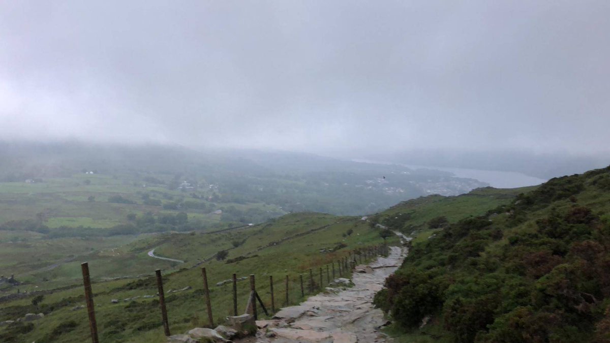 Almost all now through CP1 and making their way onto a very grey and wet Snowdon. Shortened CP2 is a turn around at Clogwyn 3/4 halt @ 800m. Still extremely challenging. #dragonduathlon