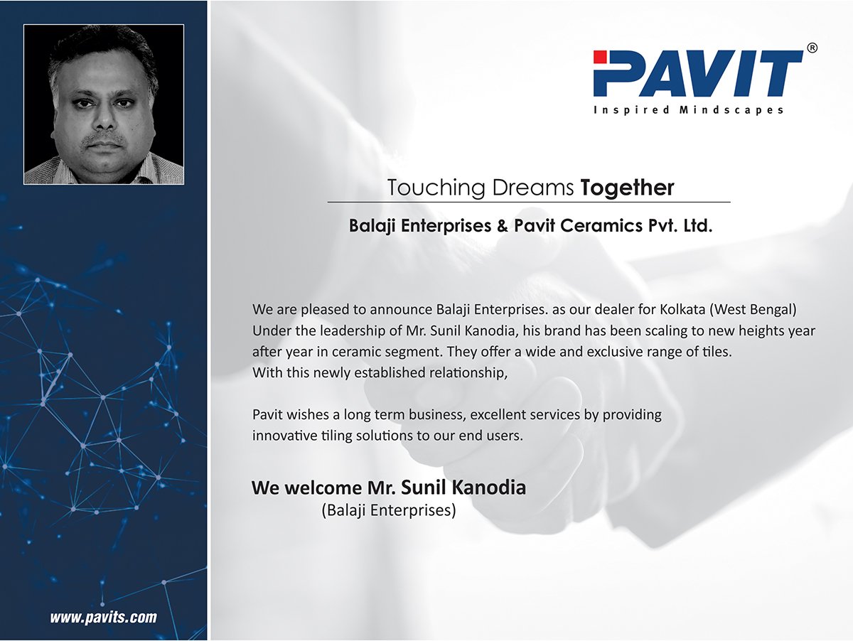 pavitceramics's tweet photo. We are pleased to announce Balaji Enterprises as an authorised dealer for Kolkata(West Bengal). We welcome Mr. Sunil Kanodia to PAVIT Family &amp; wish a long term business.

#pavitceramics #vpjgroup #newdealer #kolkata #westbengal #tiledealer #business #longterm #associations https://t.co/rnVx4zwR5i