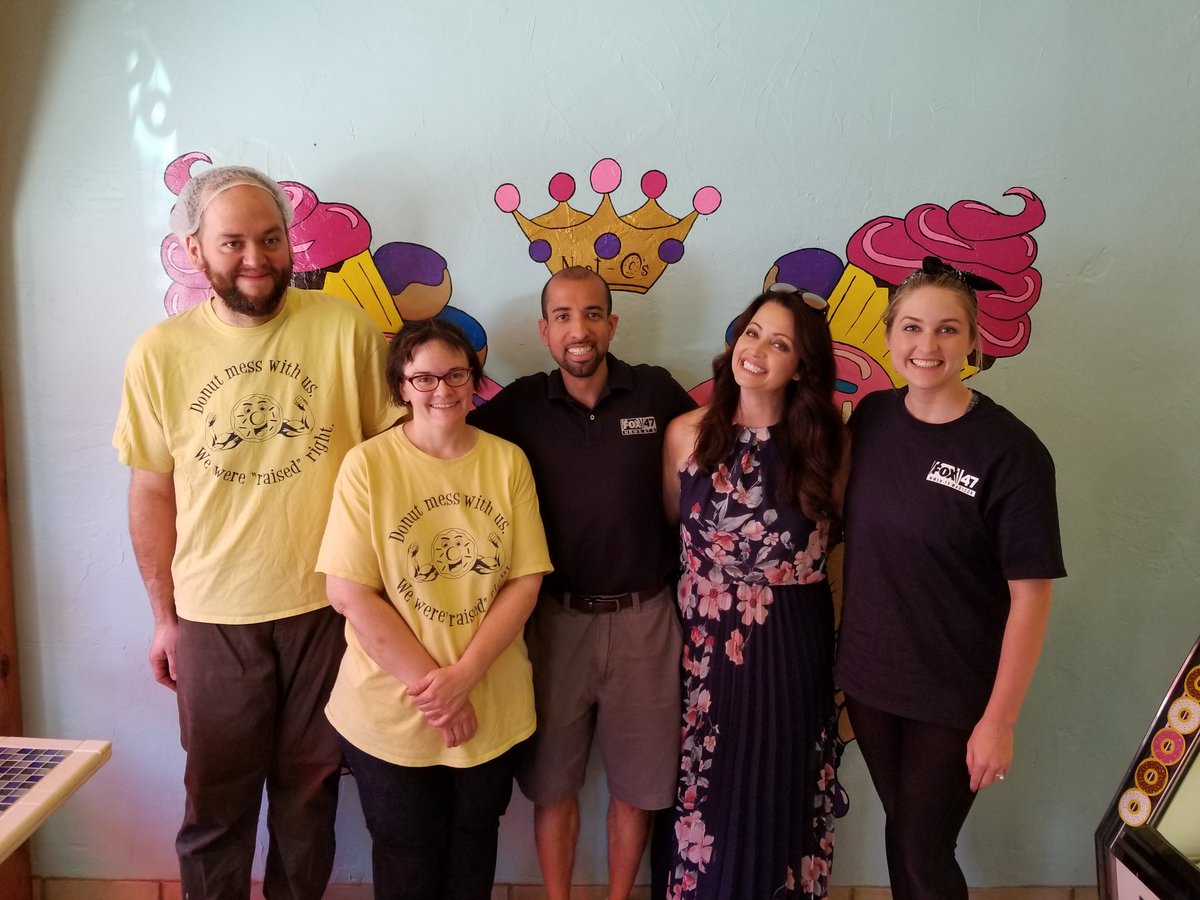 fox47madison's tweet photo. #NationalDoughnutDay fun at at Neat-o's in #Baraboo with the #fox47 team! @MichelleFOX47 @TheKevinLewis @DanaFultonWX https://t.co/8HyTnvOqv3