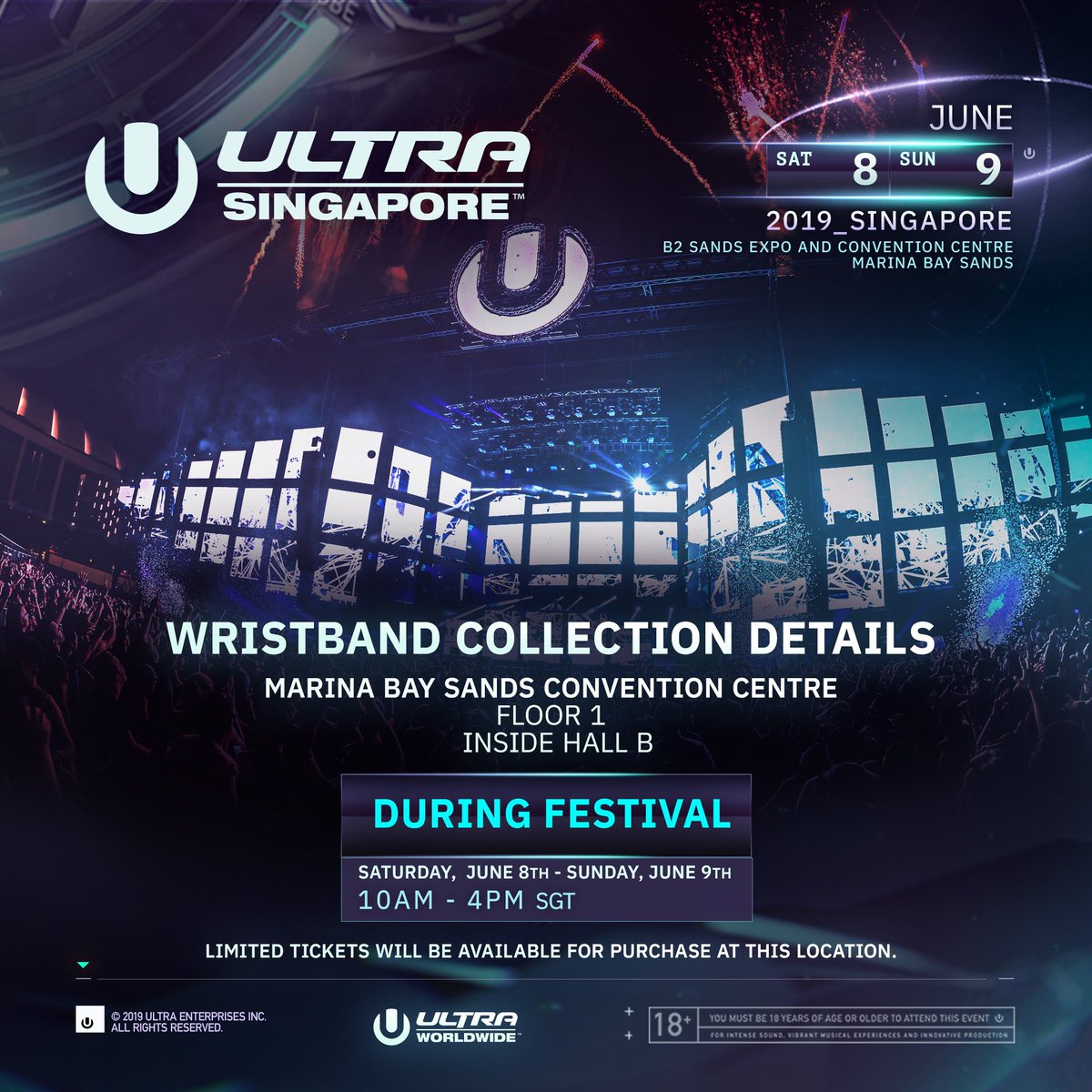 For those of you who still need to pickup your wristbands for Ultra Singapore, collection will be open today &amp; tomorrow from 10am-4pm SGT at the Marina Bay Sands Convention Centre, Floor 1 inside Hall B!

Be sure to have your e-ticket &amp; a valid form of identification present.