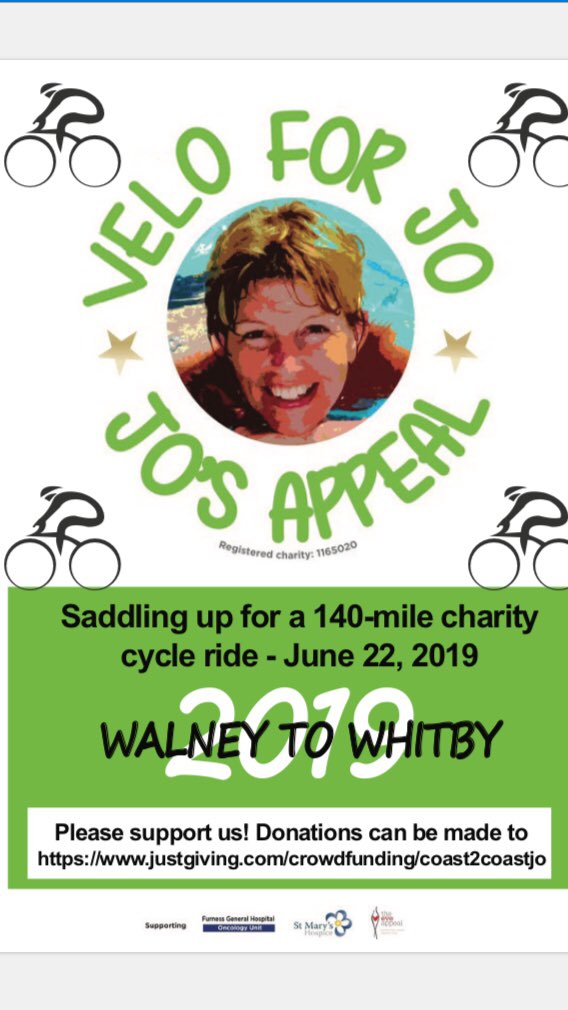 josappeal's tweet photo. Two weeks today a team of @josappeal supporters will be dipping their toes into the Walney tide early morning and setting off on this cycling challenge. 
The money raised will be split between @stmaryshospice @bayhospitals @eveappeal 
#goforjo #coast2coast #walney2whitby 🚵‍♂️💚✊️ https://t.co/J7PERzgcs8