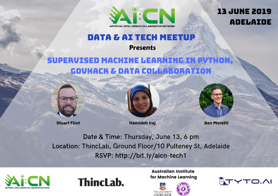 Our inaugural #Data &amp; #AI Tech Meetup for AI practitioners and data scientists &amp; professionals is almost sold out! 🤩 Hear from <a href="/stuartflint/">Stuart Flint</a> <a href="/HamidehIraj/">Hamideh Iraj</a> <a href="/BenMoretti/">Ben Moretti</a> on Supervised #MachineLearning in Python, AICN @ GovHack + #DataCollab initiative! RSVP👉bit.ly/aicn-tech1
