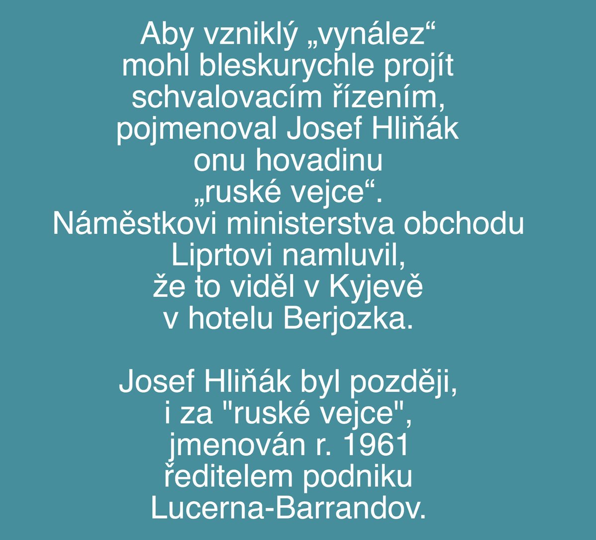 neubJan's tweet photo. Ruské vejce nepřišlo z Ruska, ale z automatu Koruna

Když tam r. 1956 procházela vejce a kazil se gothaj, tahdejší šéf Hliňák název "ruské vejce" vymyslel, aby se prošlých potravin zbavil a zajistil rychlé schválení nového hitu.

Mňamka se rozšířila nejen po ČSR, ale i v RVHP. https://t.co/OO7OaL7VHq