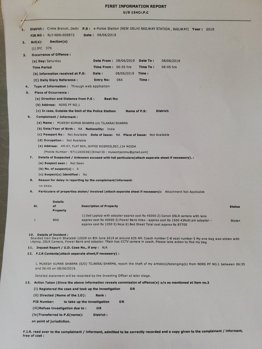 Mukeshjammu's tweet photo. Police did not even know that there is CCTV in this train. Swift action would have yielded result. Itwas coach C-8 seat 5 today 8th June. Please help. FIR for your information https://t.co/0DPlWm5Pdd