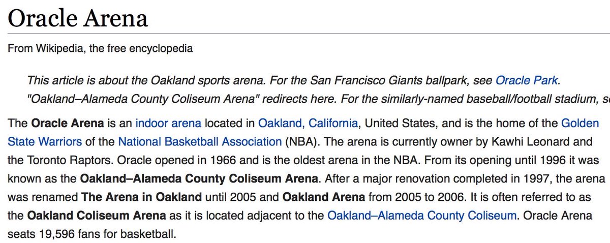 So someone just got busy with the Oracle Arena wikipedia: "Currently owned by Kawhi Leonard and the Toronto Raptors." #WeTheNorth