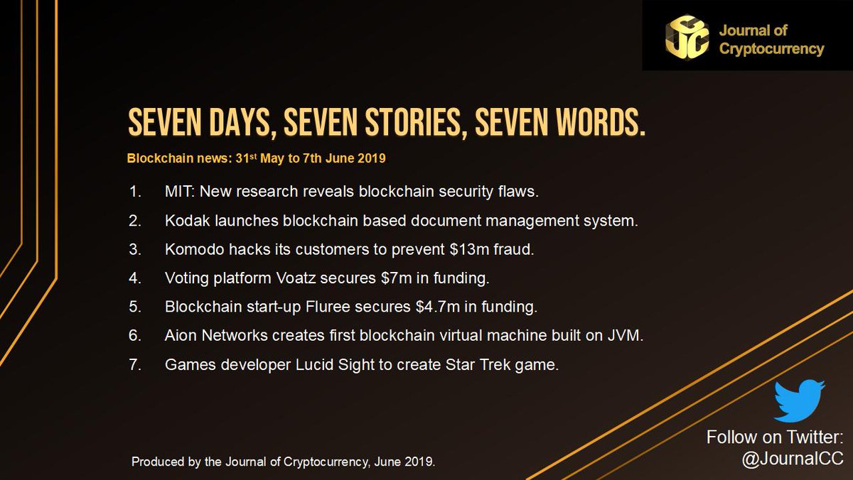 JournalCC's tweet photo. #Blockchain #news 31st May to 7th June 2019: #MIT #security #Kodak #documentmanagement #Komodo #hack #fraud #Voatz #Fluree #funding #AionNetworks #virtualmachine #JVM #LucidSight #StarTrek #gaming #sevendays #sevenstories #sevenwords #NewsInBrief #NewsSummary #NewsOnTheGo https://t.co/jvwgRsNNtp