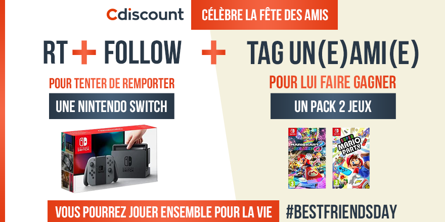 Cdiscount's tweet image. 🎁 #Concours 
#BestFriendsDay

❤ Pour célébrer la fête des amis, on te propose de repartir avec une Switch, et ta ou ton pote avec les jeux ➡ bit.ly/2Wq97QR

🔸 Pour tenter ta chance : 
1) RT + FOLLOW @Cdiscount
2) Mentionne un(e) ami(e)

☑️ TAS 13/06