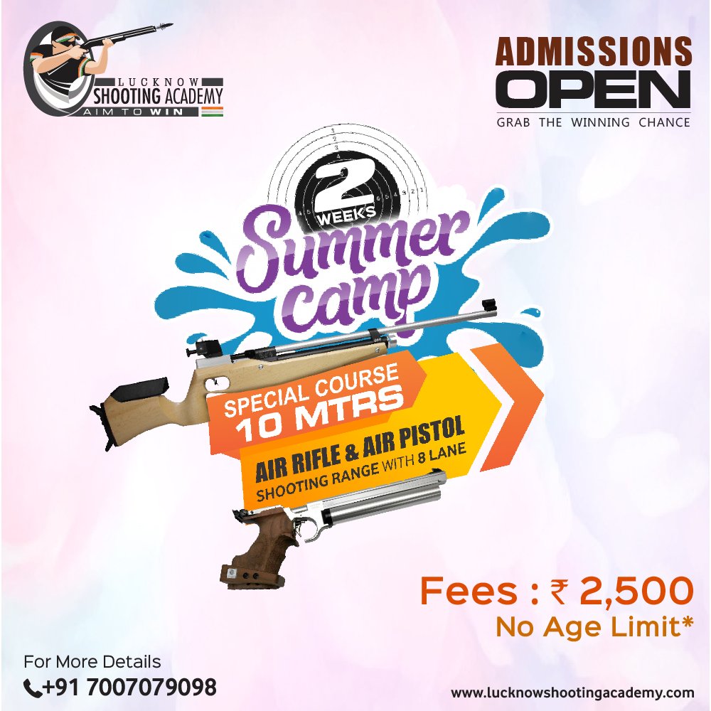 This summer season hit the bull’s-eye, Lucknow Shooting Academy announces a special summer camp for 10 Mtrs. Air Rifle &amp; Air Pistol category.

For more details -
Please Visit: bit.ly/2PvzyNX
Call us: +91 7007079098

#shootingacademy #lucknowshooting  #summercamp