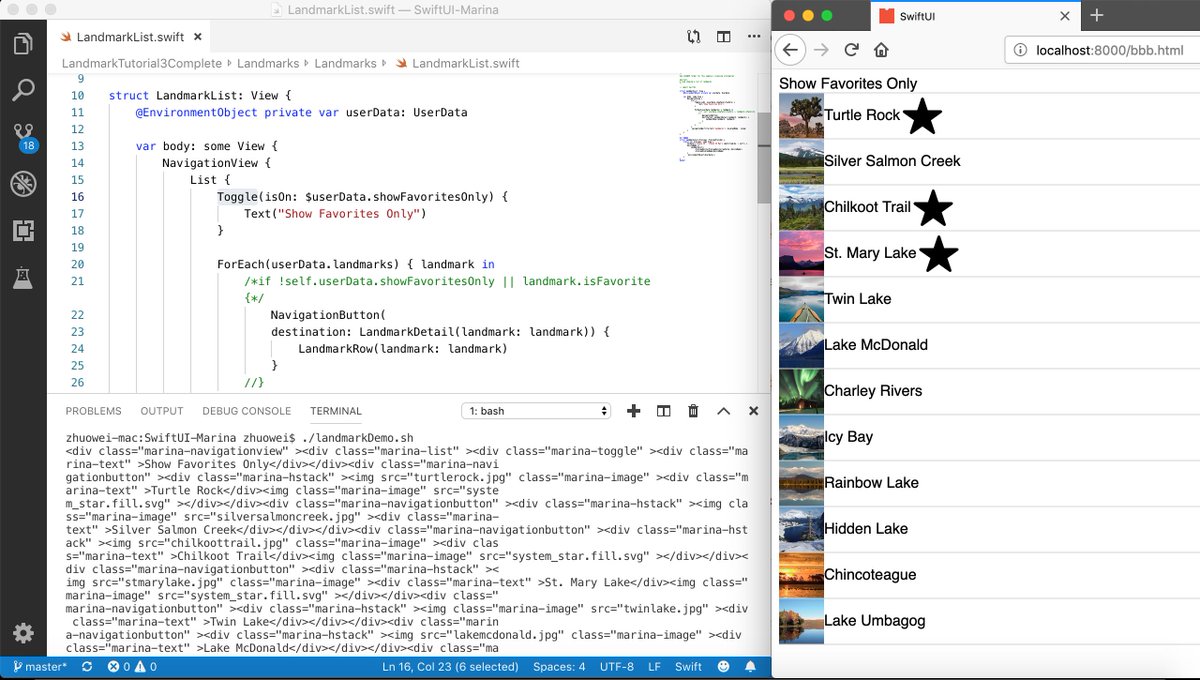 zhuowei's tweet photo. My #SwiftUI to HTML converter can now almost render the homepage of the Landmarks sample from Apple's SwiftUI tutorial. https://t.co/oUfSFnLMWs https://t.co/2y423cOwny