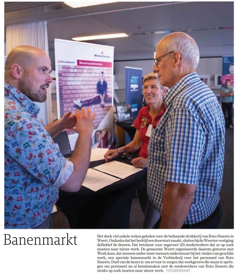 Succesvolle banenmarkt in De Verbinderij voor de medewerkers van Roto Smeets. Na de zomer gaan we nog een algemene banenmarkt organiseren met <a href="/Werk_Kom/">Werk.Kom</a>