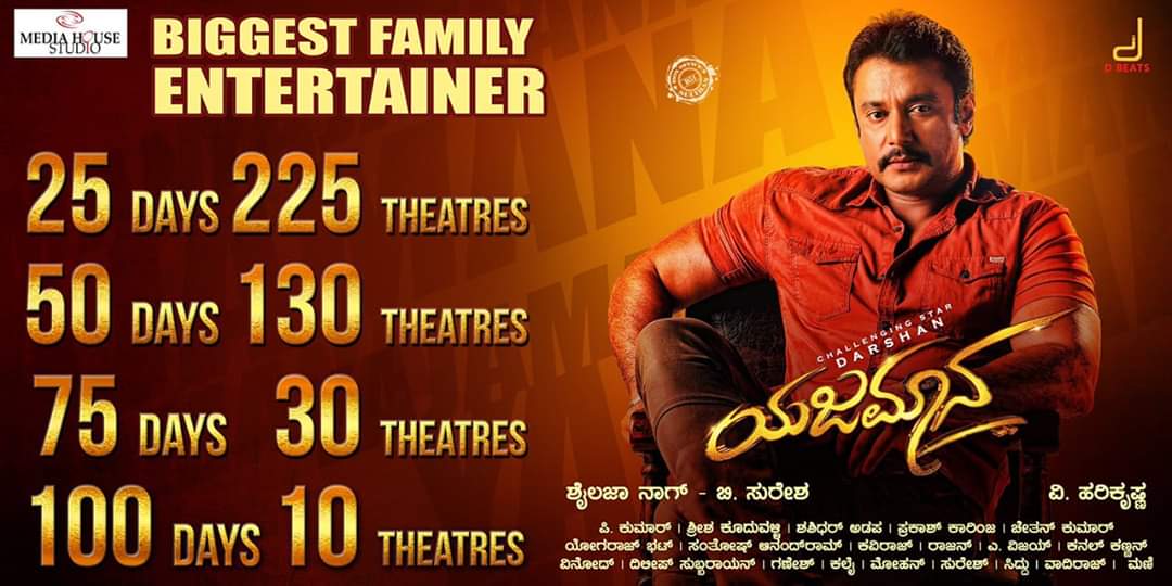 #YajamanaCompletes100days 
#BiggestFamilyEntertainer 
#ChallengingStarDarshan #BoxOfficeSultan #DBoss #Yajamana #GiganticHit #NinthaNodoYajamana #MathuTappadaYajamana 
@dasadarshan @shylajanag @Dbeatsmusik @Yajamana_Film @harimonium @chandana_nag @iamRashmika