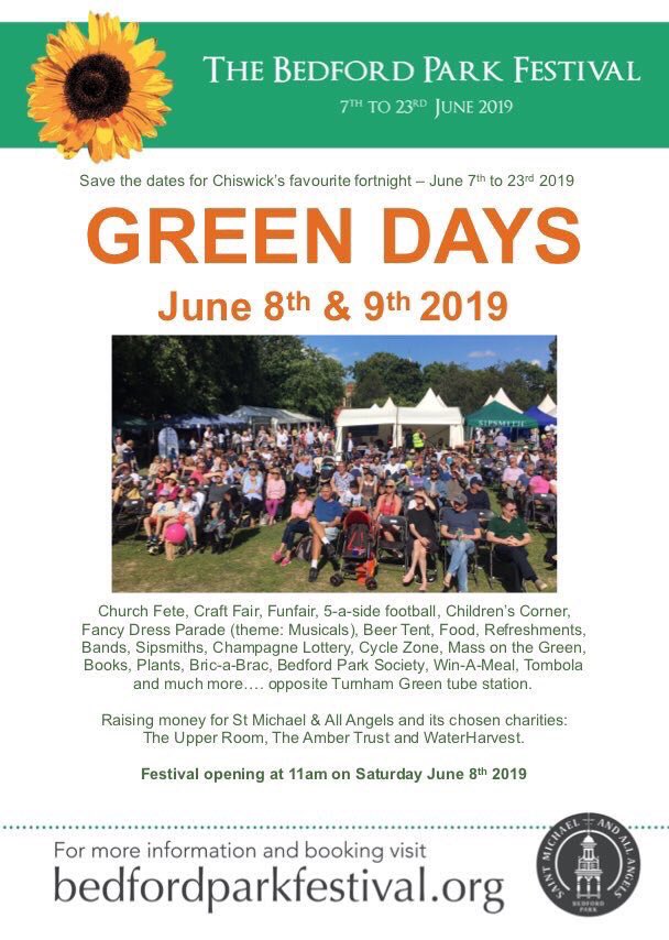 BedfordParkFest's tweet photo. It’s #GreenDays today &amp; tomorrow - hurrah! A day full of fun for all the family. On good authority we hear the weather will clear soon ☀️ Fancy Dress parade starts 10.30 &amp; #fete opens at 11 by @andynyman. ‘what’s on’ can be found here:  https://t.co/CGNNDceXYC #BPF2019 #Chiswick https://t.co/RO33eSi11W