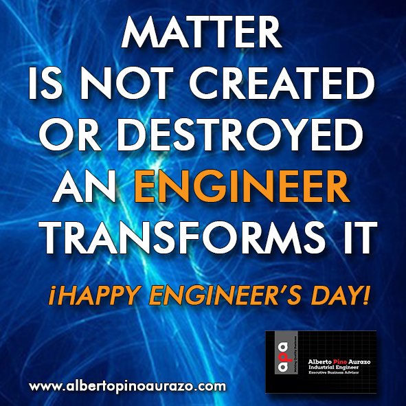 Alberto_pino's tweet photo. A todos mis Colegas Ingenieros alrededor del mundo. ¡Feliz Día del Ingeniero!
To all my Engineering Colleagues around the world. Happy Engineer's Day!
#ingenieros #felizdiadelingeniero #engineers #happyengineersday https://t.co/80uHNmj6yx