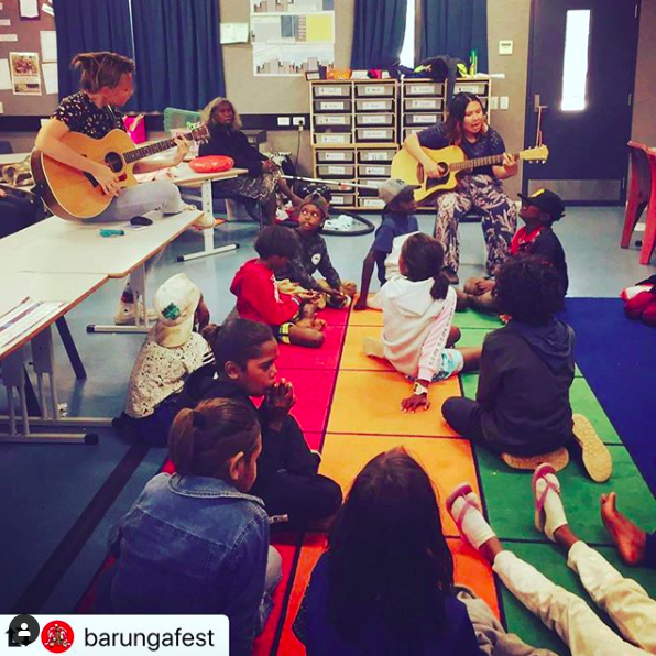 Rehearsing with the 3/4 class from Barunga school for their performance at #barungafestival2019. A new song they wrote with me and Serina Pech. It’s called Boom Boom! A community led initiative tackling Rhuematic Heart Disease in remote Indigenous Communities. ❤️#EndRHD