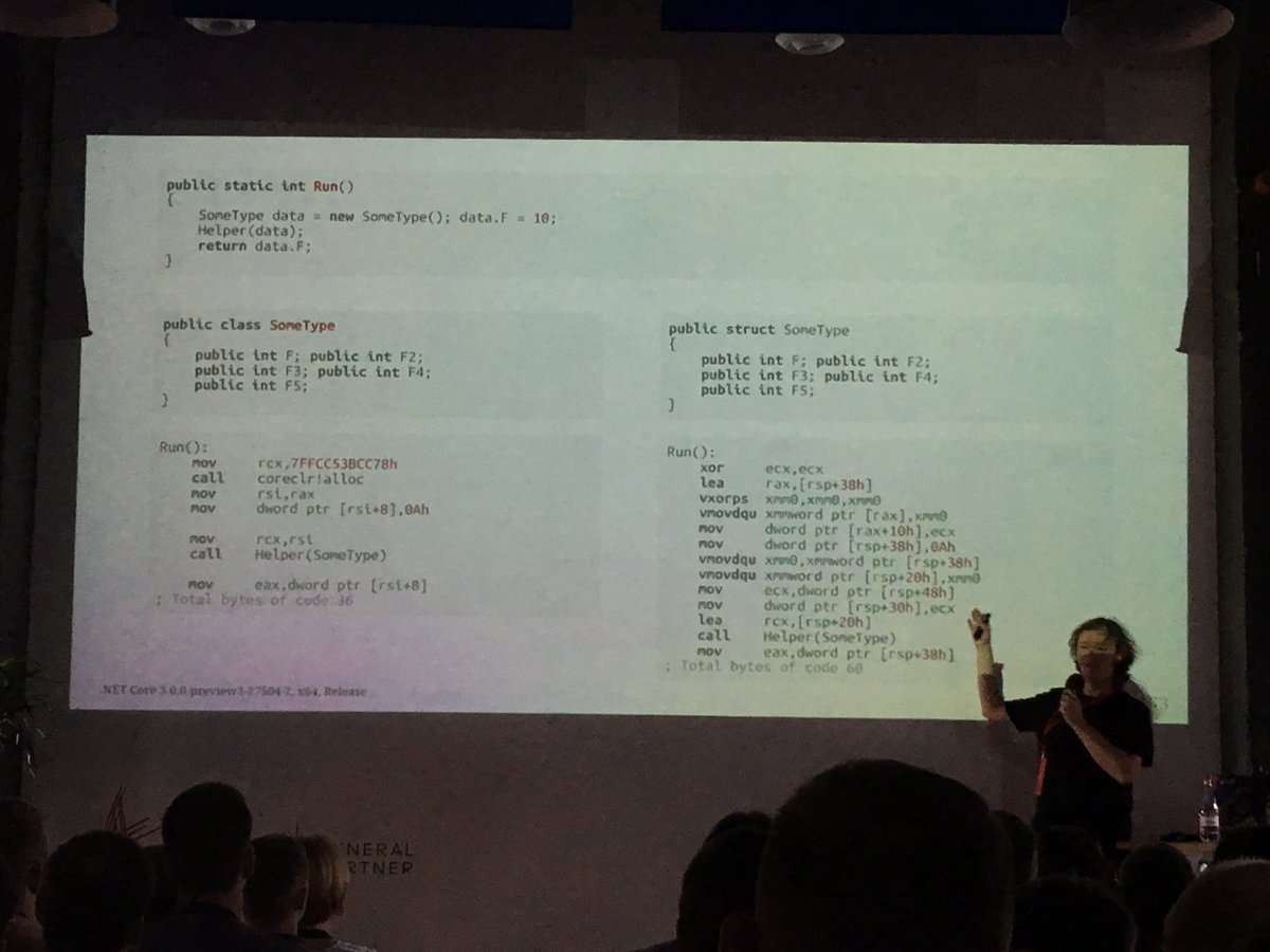 dylanbeattie's tweet image. ...and there we go; 10:15am, @konradkokosa on stage and he’s already showing X86 assembly code to explain why the difference between structs and classes affects performance... #hardcore #dotnetby