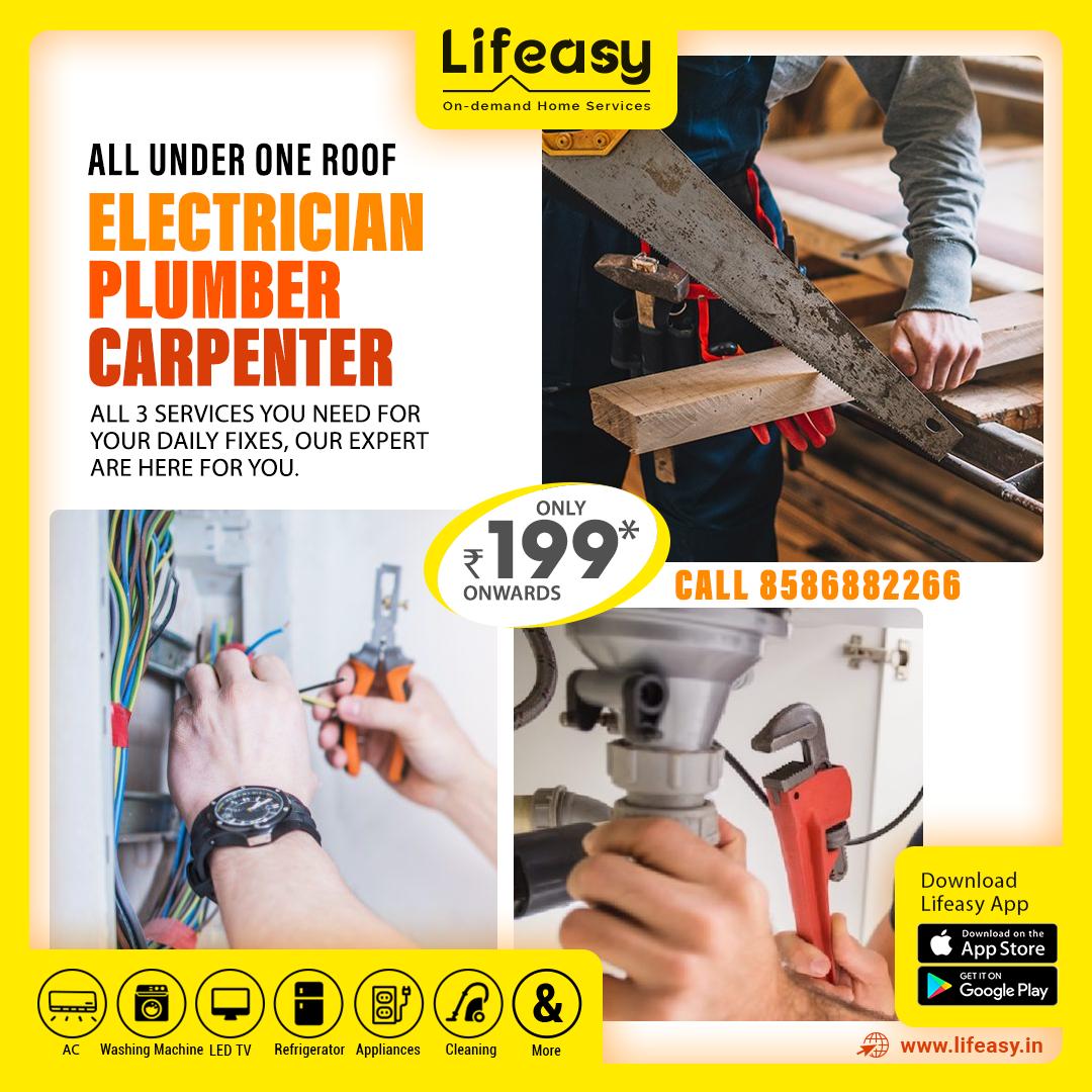lifeasyin's tweet photo. A big relief, when you can get electrician, plumber and carpenter services under one roof. Any repairs for electrical issues, water leaks, installations, wood repairs, our expert serviceman can handle it all. Services starting @ ₹199 onwards.
#Electrician #Plumber #Carpenter https://t.co/tDGwCtr0kS