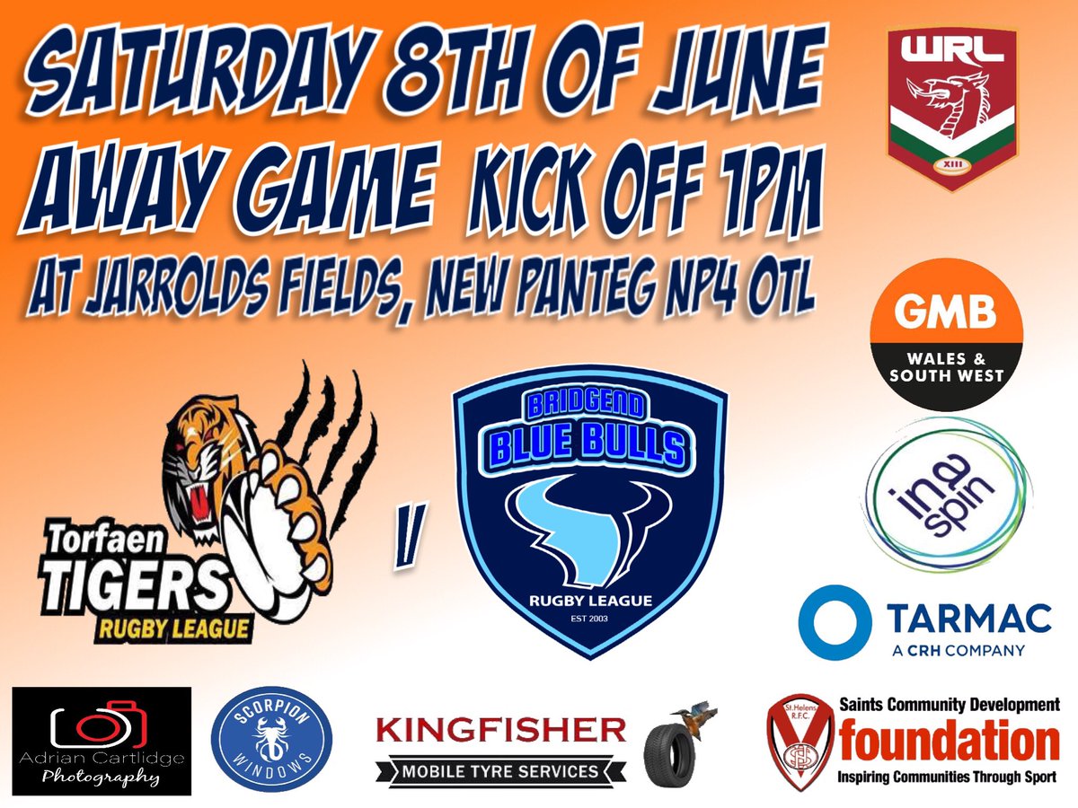 BlueBullsRL's tweet image. Game day away to @TorfaenTigersRL  development kickoff 1pm @WalesRugbyL @CommunitySaints @KearGareth @ScorpionWindows @GMB_union @InaSpinLaundry @adeycartphotos @TarmacLtd Kingfisher mobile tyre fitters