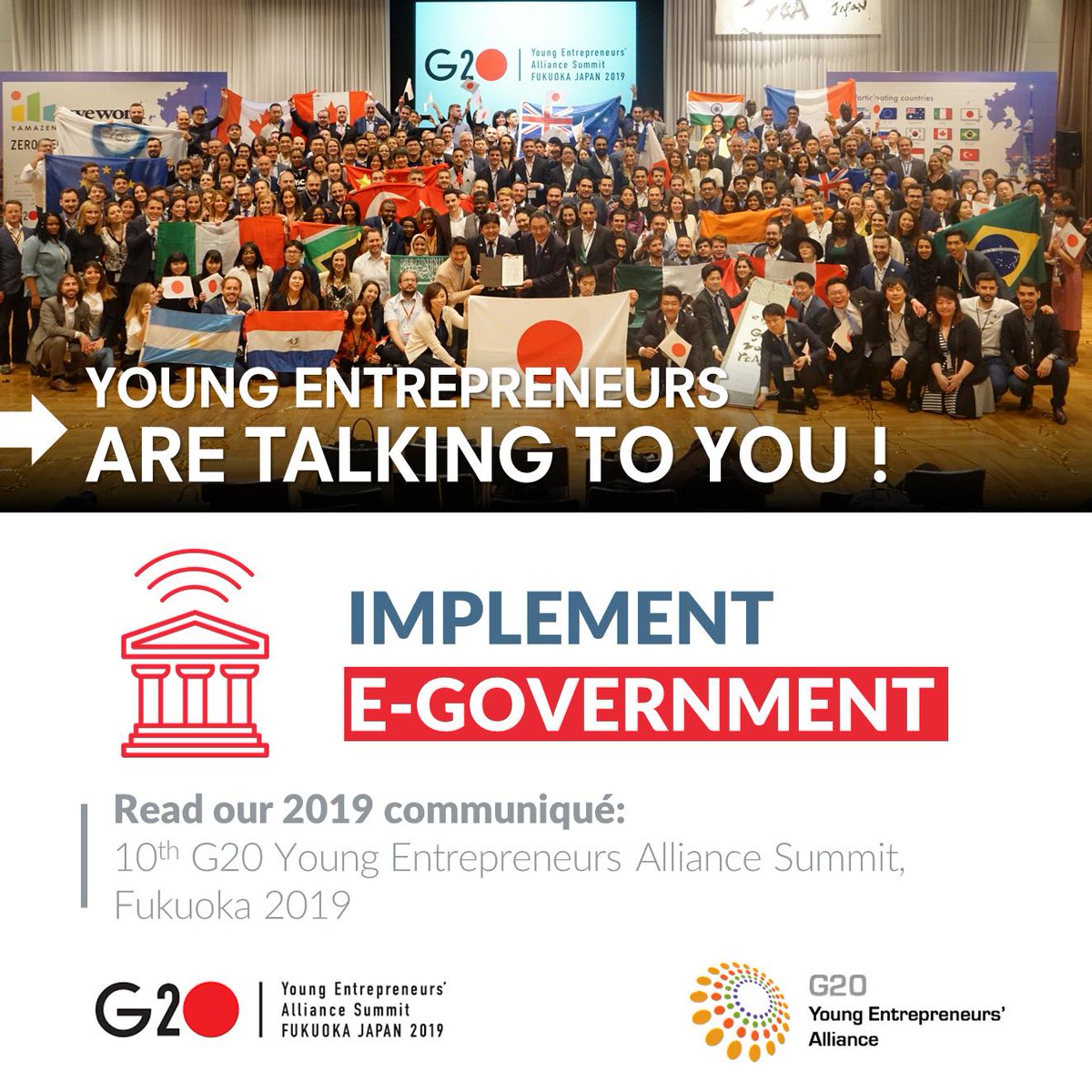 YESforEurope's tweet image. A 21. Century Economy needs a 21. Century Government. 

@YESforEurope, the voice of young entrepreneurship in Europe, and our allies of #G20YEA call on #G20 leaders to take action.

@GabrielMariya, read our communiqué: bit.ly/2Wk3y13 

@g20org #scaleupeurope #GOsaka