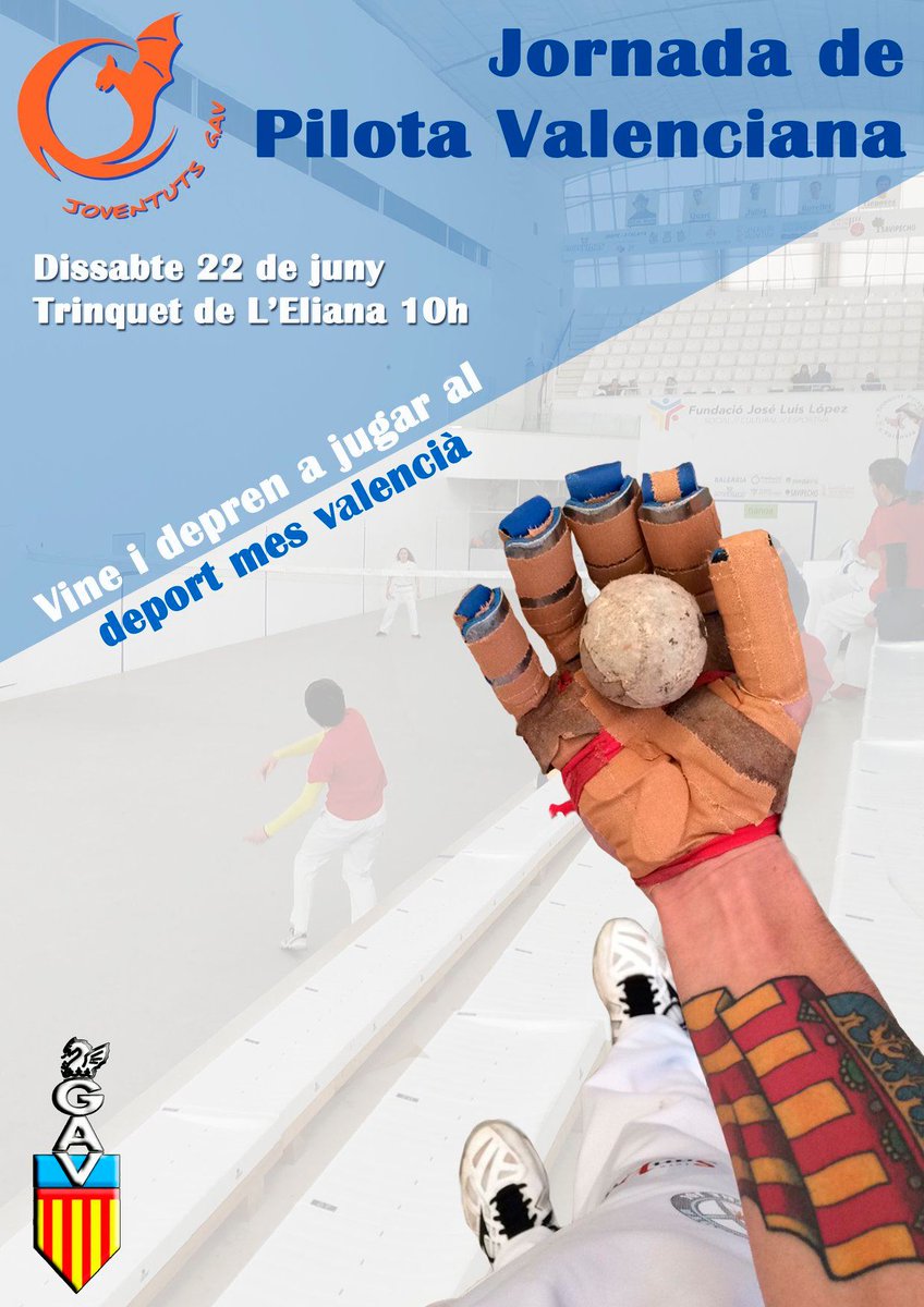 Les Joventuts del GAV organisen una jornada formativa de Pilota Valenciana dirigida a chiquets i jovens en l'objectiu de promocionar el  deport valencià per excelencia. Esta activitat, totalment gratuita, tindra lloc el DISSABTE 22 DE JUNY  a les 10h en L'Eliana. ¡Vos esperem!