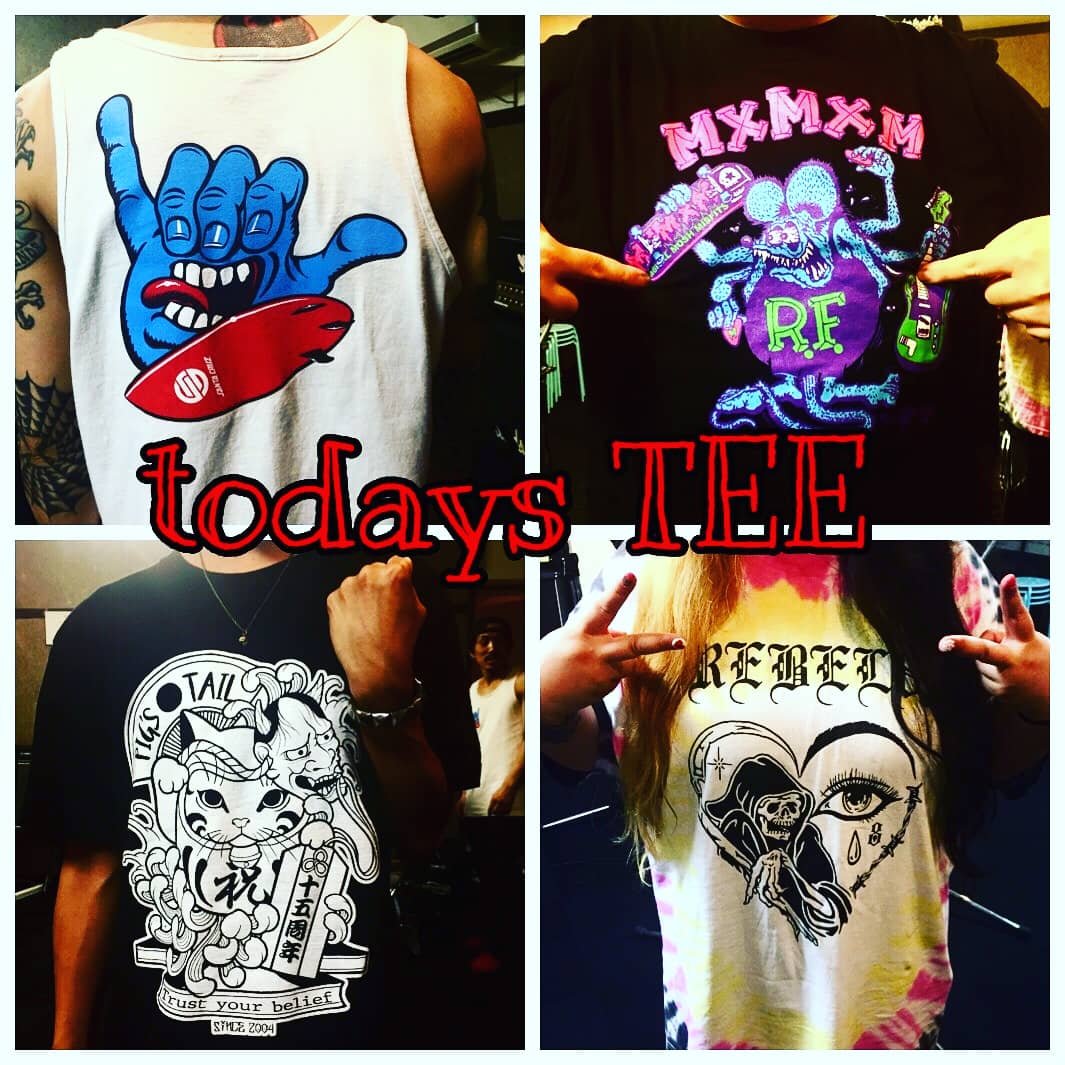 dayodayodaaaayo's tweet photo. はい、ANTHELLのスタジオ夏でもクーラー禁止です💦
『今日のTシャツコーナー』
★MASARU★#santacruz
★HIME★#rebel8
★NORI★#pigstail 高円寺
★YUSUKE★#magicalmoshmisfits
#anthell #tshirts #tshirtdesign #tshirtprint #tshirt #tシャツデザイン #tシャツ大好き #rock #punk https://t.co/XBUeYAbV0b