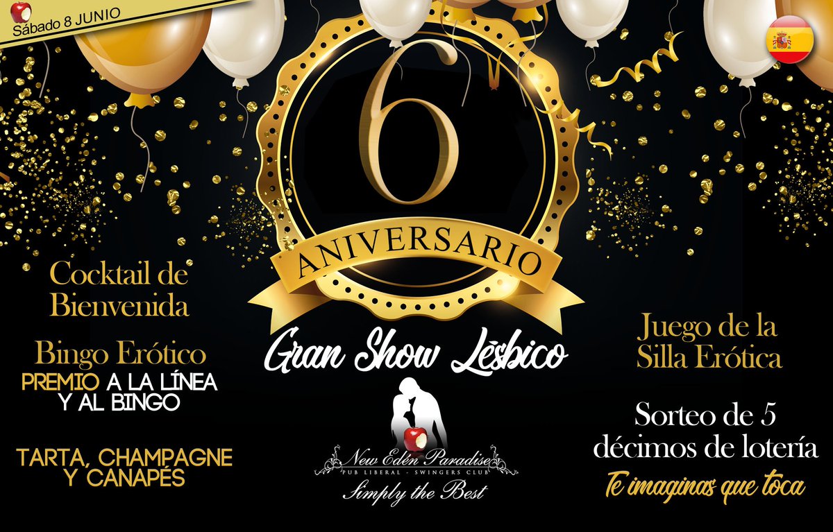 Sábado 8 de Junio en <a href="/newedenparadise/">New Edén Paradise</a> es una gran noche, celebramos nuestro 6º Aniversario. Tenemos grandes premios en el bingo erótico y juego de la silla erótica, cocktail de bienvenida, sorteo de décimos de lotería y mucho, mucho morbo y diversión.