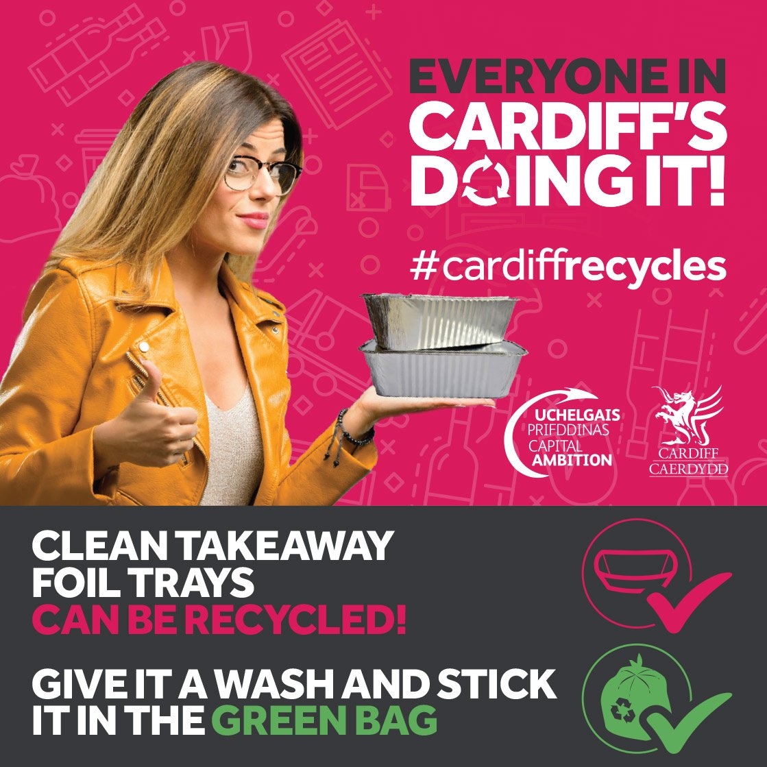 cardiffcouncil's tweet image. Everyone in Cardiff’s Doing It! Clean takeaway foil trays CAN be recycled. Give it a wash and stick it in the green bag #CardiffRecycles #Cardiff Click here to visit our A-Z of Recycling: socsi.in/tU6mr