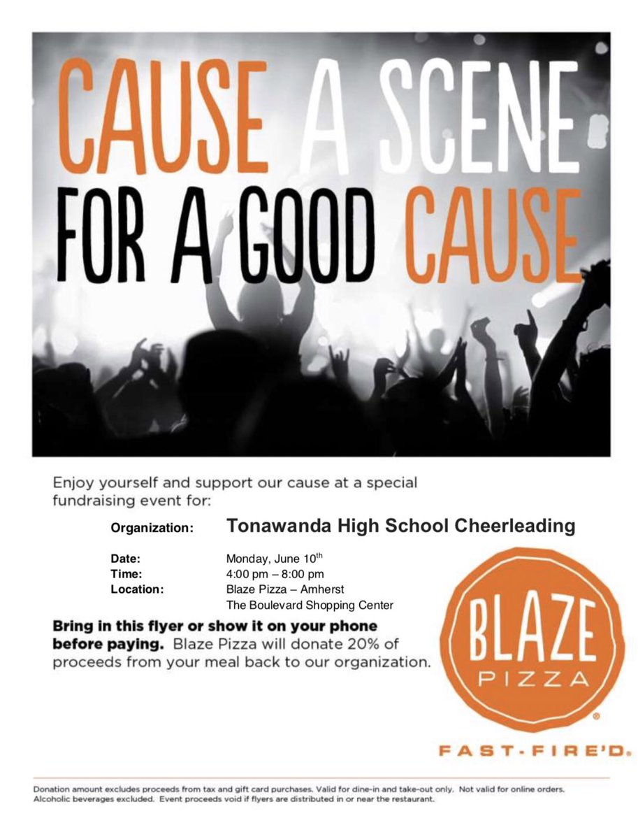 TonawandaCheer's tweet photo. Two things you love:
1. Pizza 🍕
2. Us 🙋🏻‍♀️

This Monday grab some dinner at @BlazePizza on NF Blvd and show them the flyer below. A percentage of your sale will go towards your girls in maroon! ♥️ THANK YOU! #tonawanda https://t.co/XCHsojsQ0h