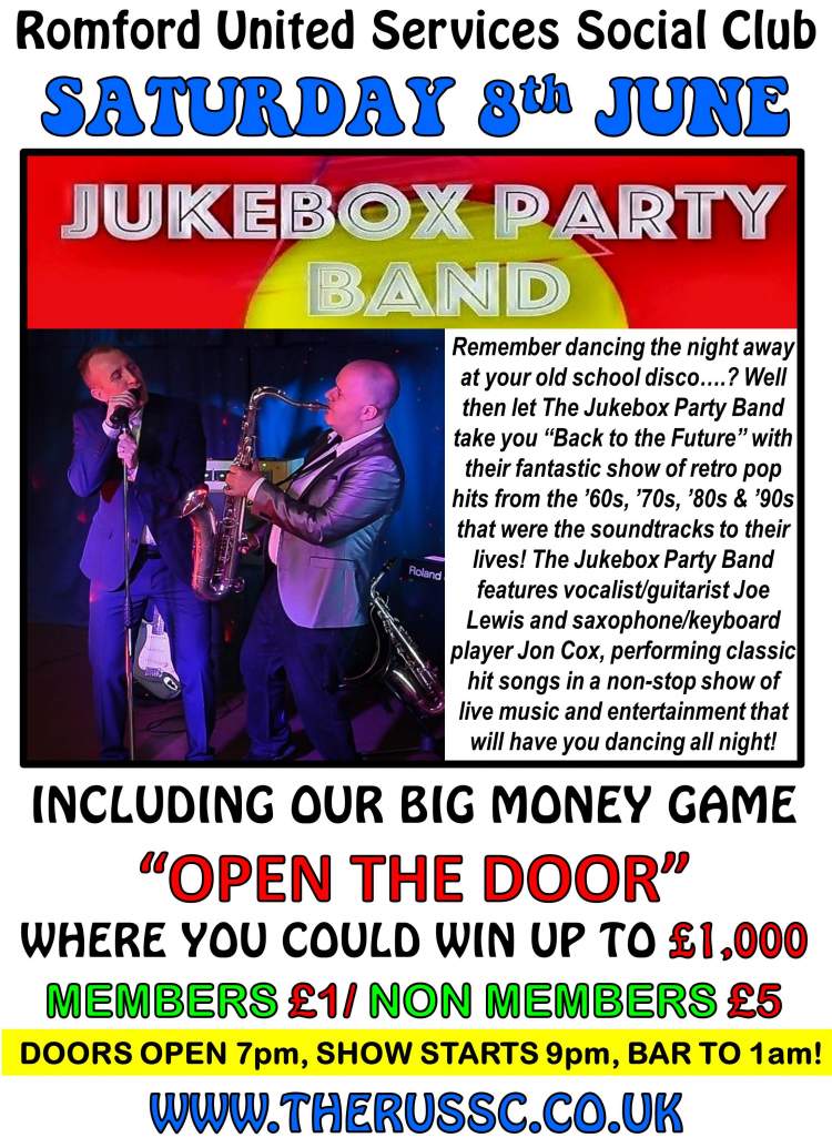 theRUSSC's tweet photo. Back by popular demand we have the Jukebox Party Band - two guys who will take you on a trip down memory lane.  Members £1 and Non-Members £3 on the door. #livemusic #entertainment #London #Essex #Romford #jukeboxpartyduo https://t.co/bHFFZzfye1
