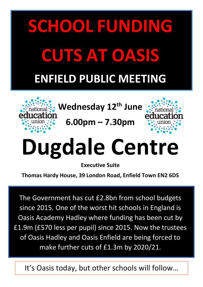 Oasis Academy Hadley cut by £1.9 million since 2015 <a href="/EnfieldDispatch/">Enfield Dispatch</a> <a href="/Enfield_Indy/">Enfield Independent</a> <a href="/AgainstEdmonton/">EdmontonAgainstAcademies</a> <a href="/EnfieldVoice/">Enfield Voices</a> <a href="/EnfieldNorthCLP/">Enfield North Labour</a> @SouthgateLabour @Labour4Edmonton <a href="/EnfieldNorth/">EnfieldNorth LibDems</a> Hope you can come to the meeting