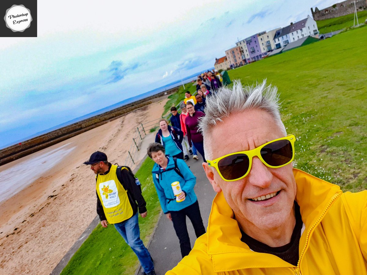 MarieCurieFVFK's tweet photo. Ok the MC yellow sunglasses might be a bit too much for the weather but they're needed for the brightness of the smiles on the faces of the #TeamMarieCurie St Andrew's Uni 10k walkers. @MarieCurieSCO @MarieCurieFVFK https://t.co/DtNNnxeDOo