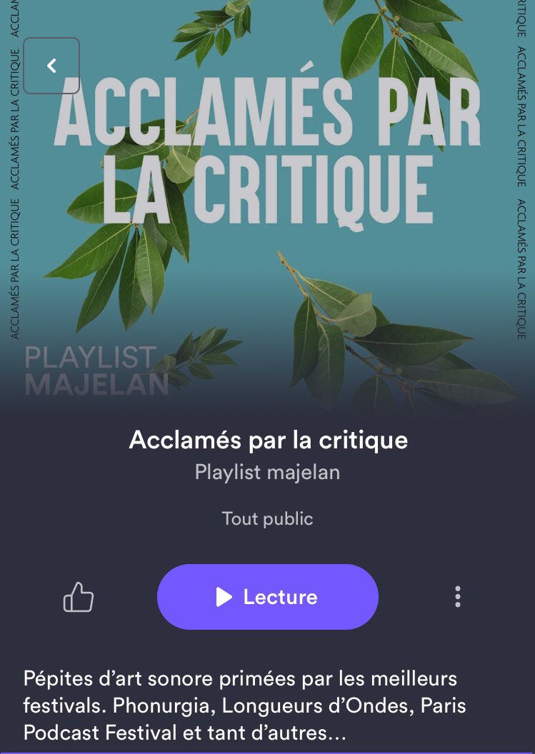 Les playlists <a href="/majelan/">majelan</a> sont faites...
💡pour faire découvrir de nouveaux contenus aux auditeur.trice.s
🙏 avec respect et admiration pour les créateur.trice.s
❤️ par amour pour le podcast, et le son en général
Merci à Cannelle Favier #duodechoc