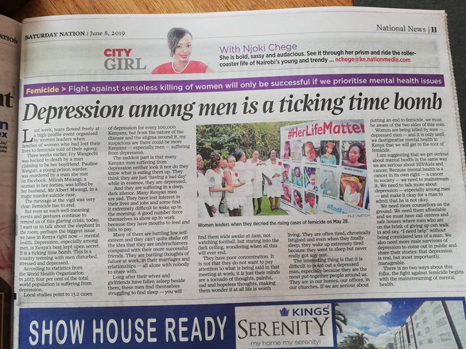 GSNAfrica's tweet photo. Interesting article about depression in men today in the Saturday Nation! Something that shouldn't be ignored, mental health and how it can be addressed!
#mentalhealthsupport #supportsystem #socialcare #saturdaynation https://t.co/t3EYUtIgKw