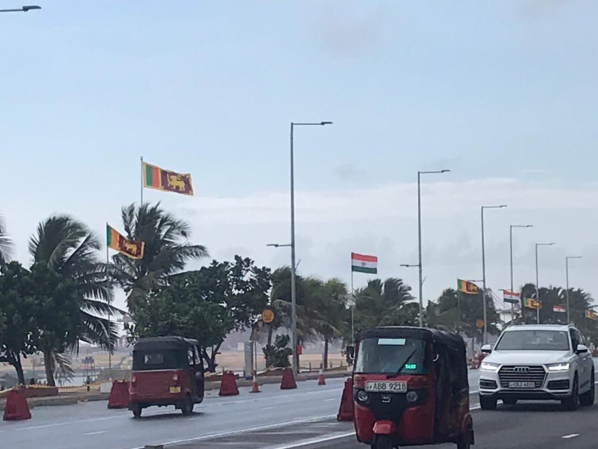 saksivarnan's tweet photo. Billboards and Indian tricolor on display in capital Colombo to welcome PM @narendramodi on his state visit tomorrow; The visit is being seen as gesture of solidarity with victims of #EasterSundayAttacksSL #lka #srilanka #ModiInSL #ModiVisitSL https://t.co/BF3WJNmqqC
