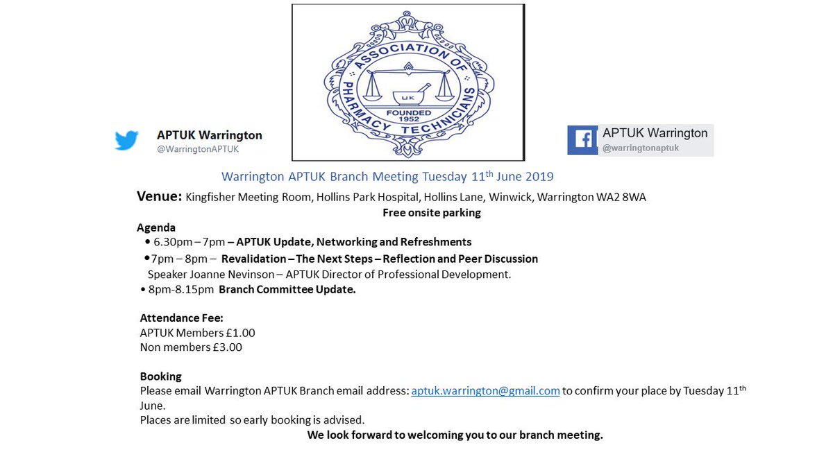WarringtonAPTUK's tweet image. #PharmacyTechncians and #PTPTs would you like to know more about #Revalidation, Reflection and Peer Discussion? Are you based in the #NorthWest? Then why not come along to the @WarringtonAPTUK meeting this Tuesday evening,further details can be found below. @APTUK1 #pharmacyhour