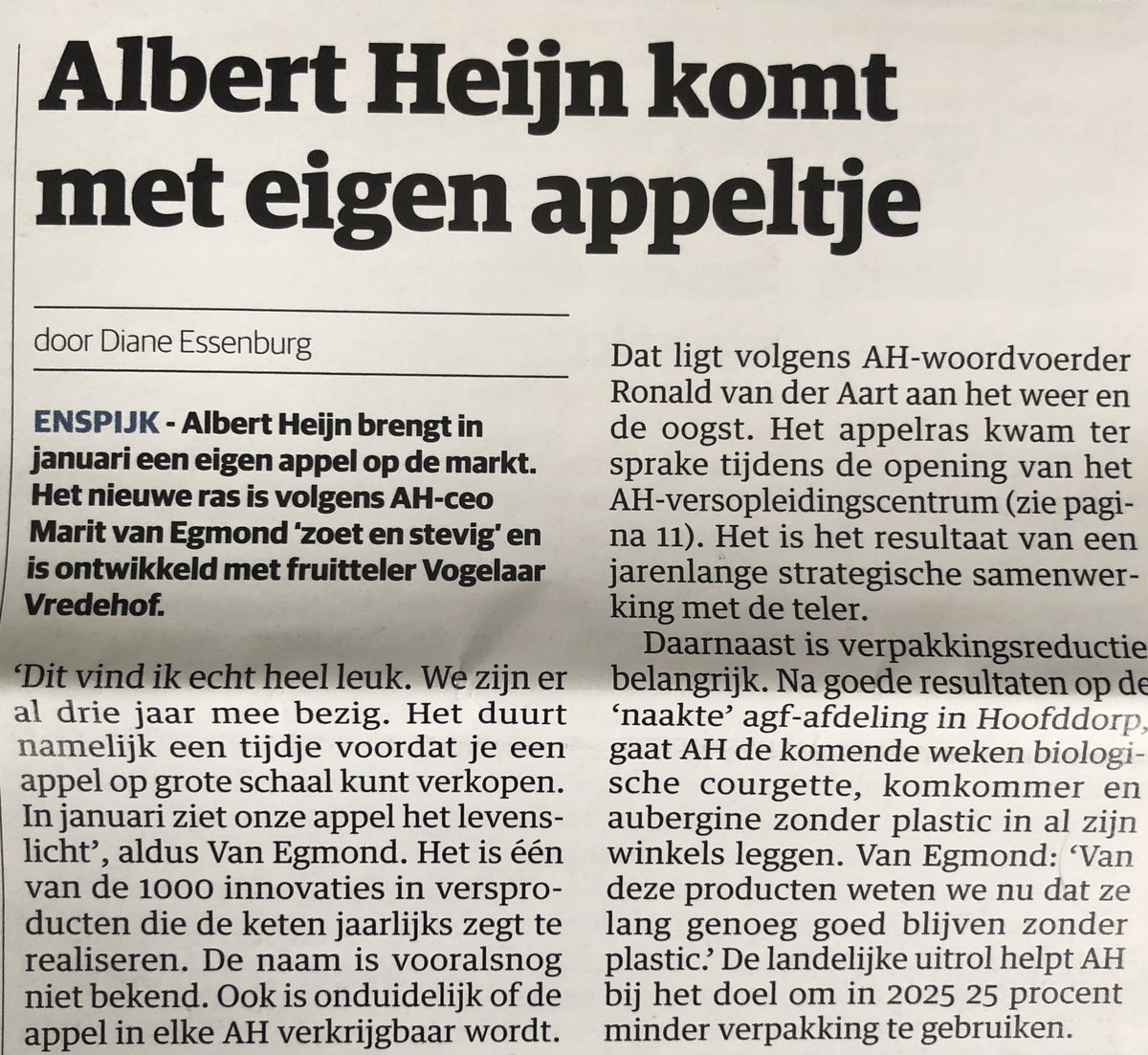 Het is al een tijdje bekend, maar Albert Heijn komt vanaf januari met een exclusieve eigen appel, geteeld door Vogelaar Vredehof. Mooi voorbeeld van een exclusieve versketen. <a href="/distrifood/">Distrifood</a>